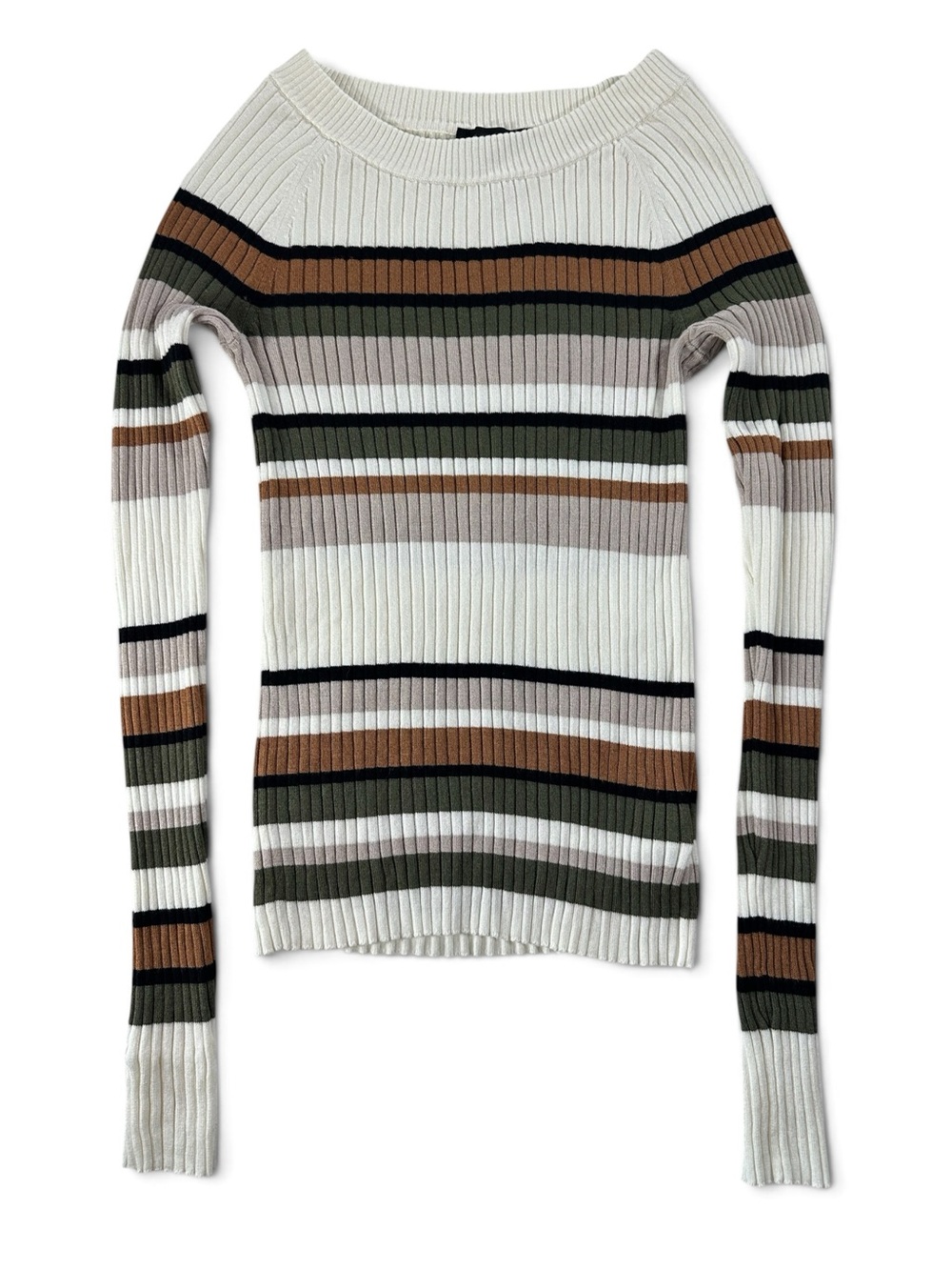 Express Women’s White Ribbed Crewneck Sweater with Olive, Brown & Black Stripes